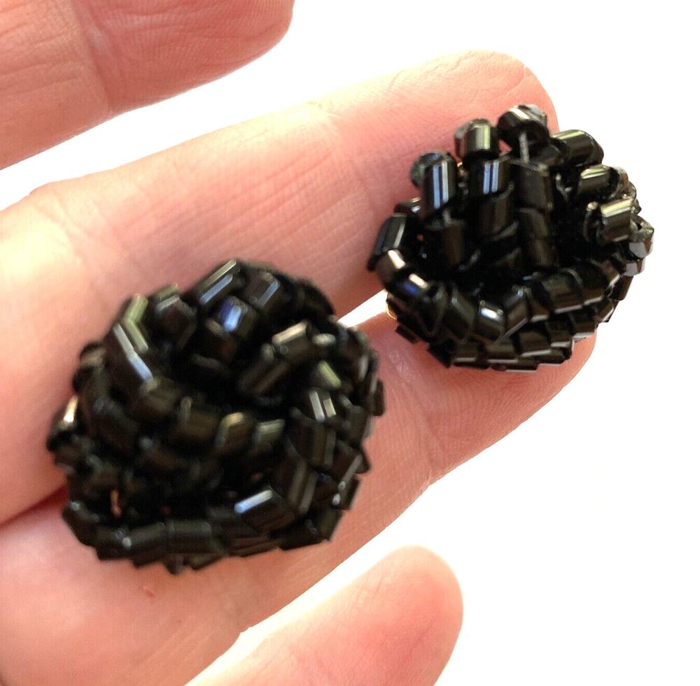 Vintage clip on earrings black beaded strands wrap clusters elegant mid century
